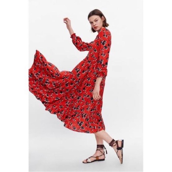 Zara Angel Red Floral Tiered Skirt Long Puff Sleeves Maxi Dress Size S - Picture 8 of 12